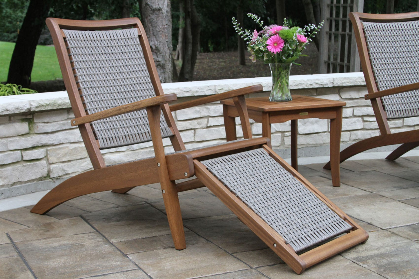 Outdoor Interiors 21250TGR Driftwood Grey Wicker & Eucalyptus Lounge Chair with Built-in Ottoman