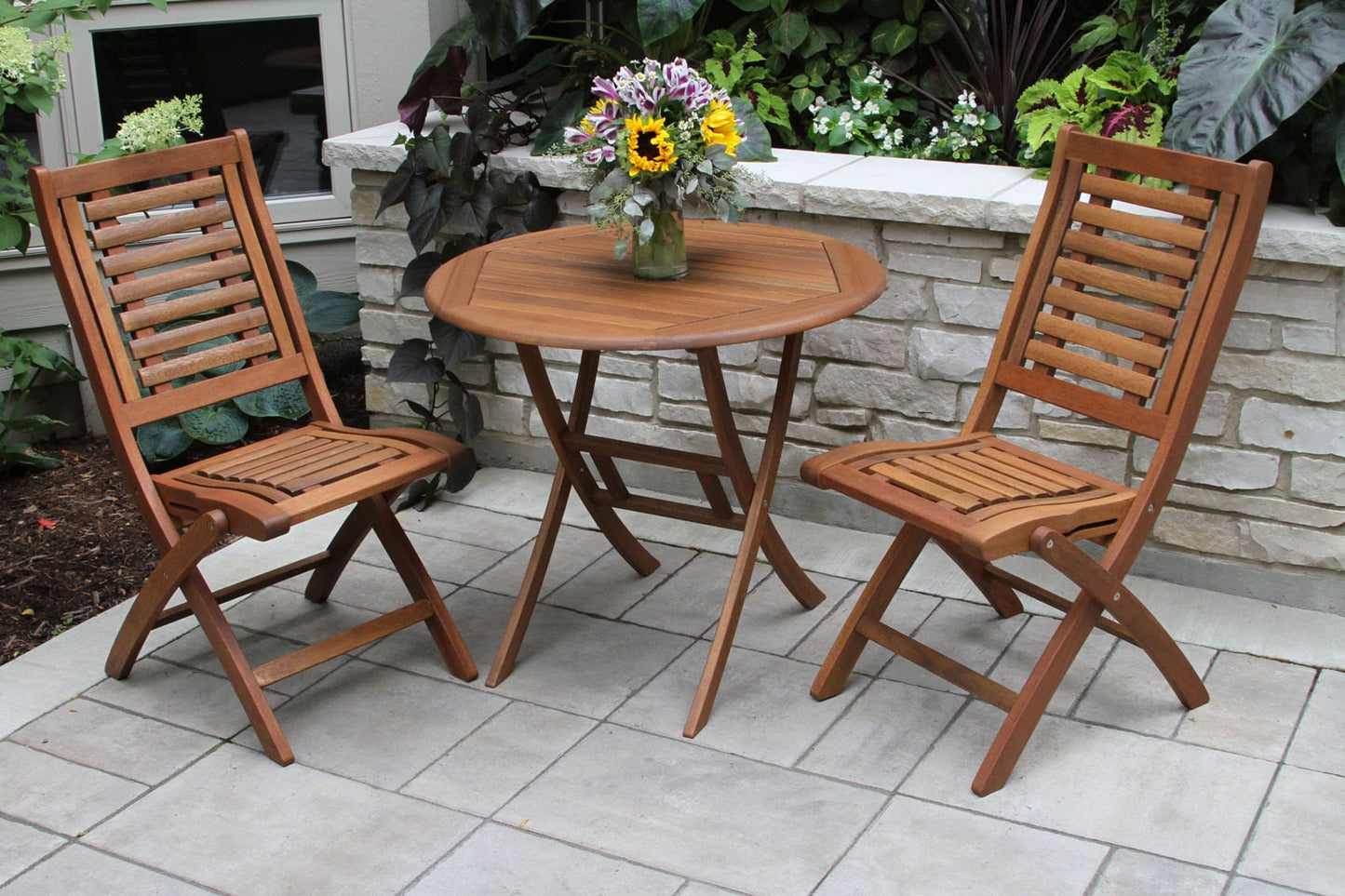 Outdoor Interiors 30450F 30" Round Eucalyptus Bistro Table w/10040 Folding Side Chairs 3pc Set