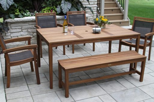 Outdoor Interiors 10555DK Brown Sling Stacking Arm Chair with 20458 (Rectangle Table) & 60404 (Backless Bench) 6pc Set