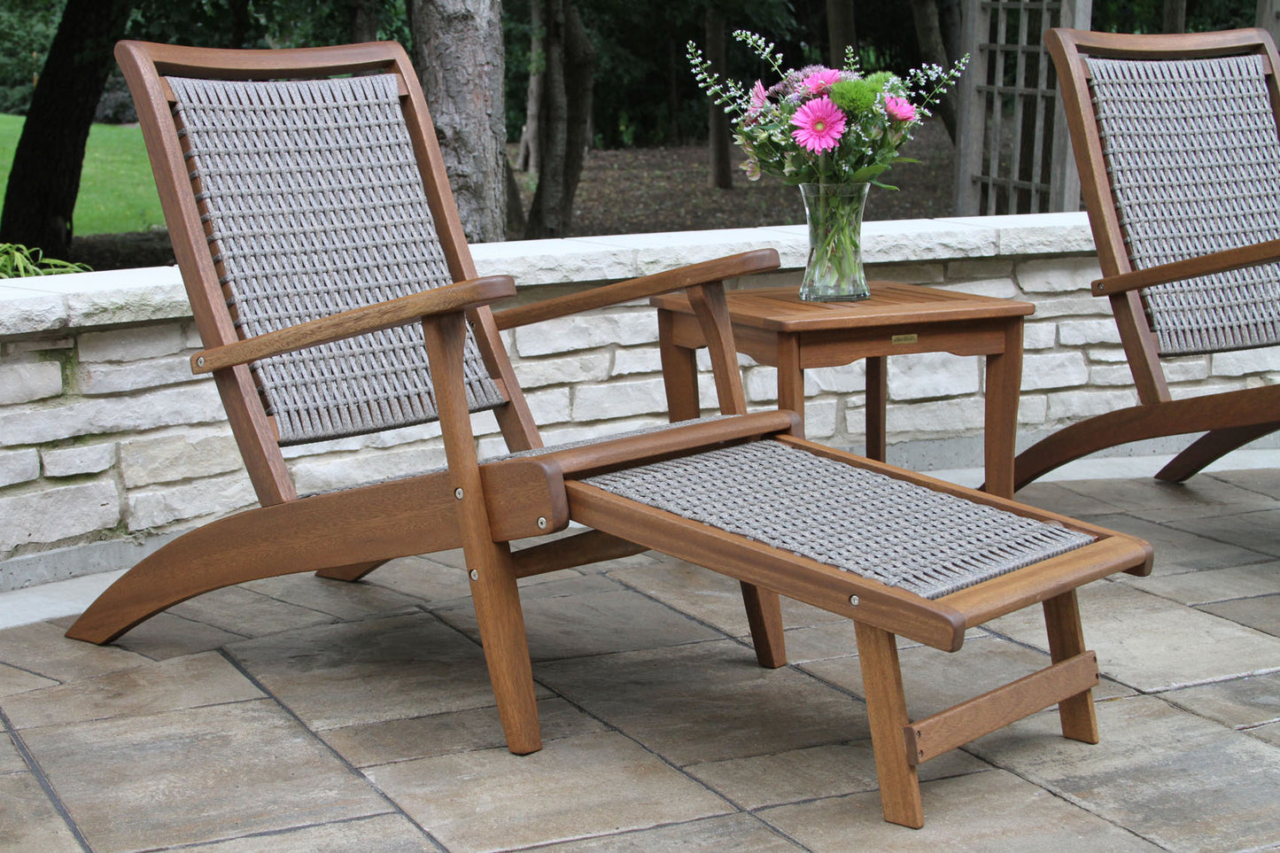 Outdoor Interiors 21250TGR Driftwood Grey Wicker & Eucalyptus Lounge Chair with Built-in Ottoman