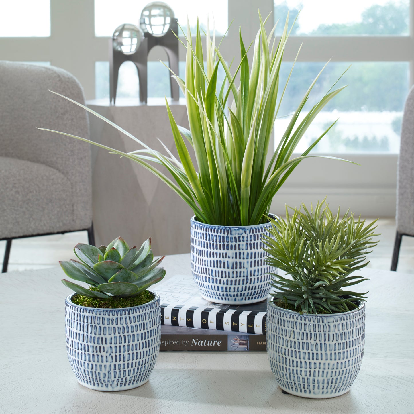 Uttermost 60192 Puebla Greenery In Blue & White Pots, S/3
