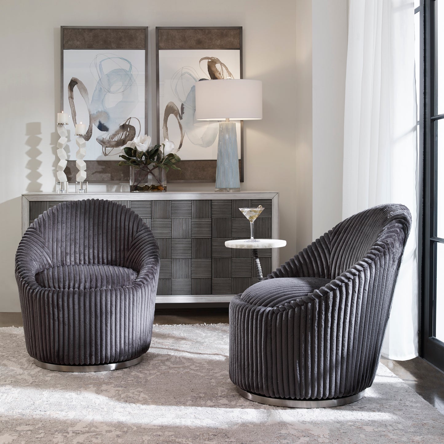Uttermost 23599 Crue Gray Fabric Swivel Chair