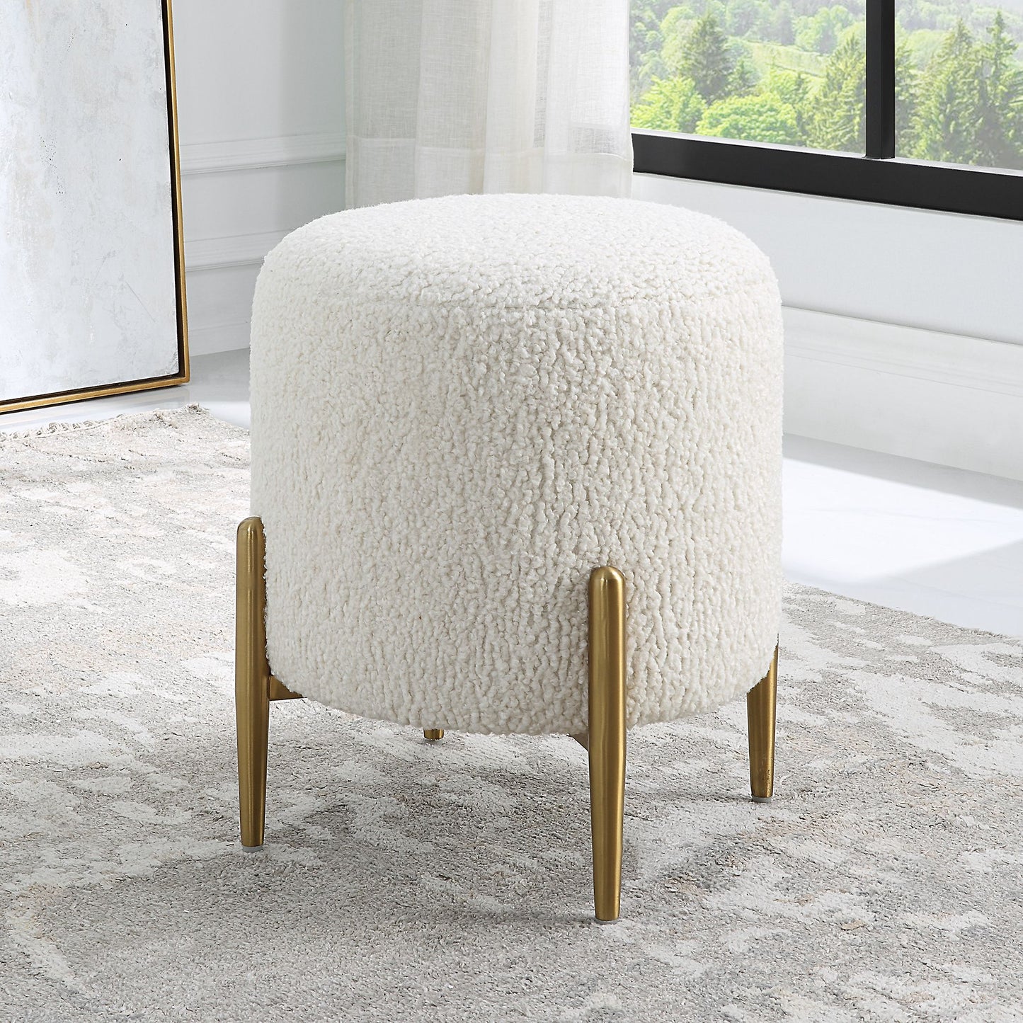 Uttermost 23821 Arles White Shearling Brass Ottoman