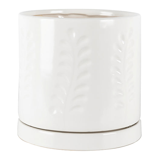 Janna Cylinder Pot with Attached Saucer - White