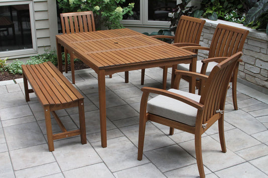 Outdoor Interiors 20505 Deluxe Stacking Arm Chair with Olefin Cushion, 4pk. with 60404 (backless bench) & 20458 (Rectangle Dining Table) 6pc Set