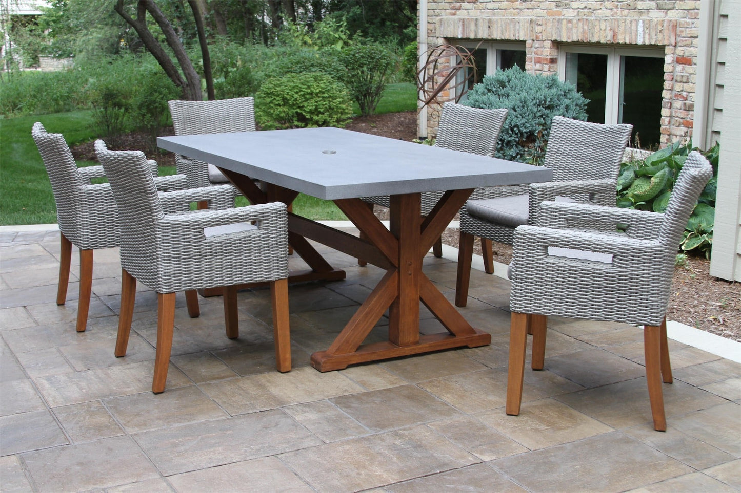 Outdoor Interiors 20780 Composite & Eucalyptus Rectangle Dining Table with 30520 Wicker & Eucalyptus Chairs