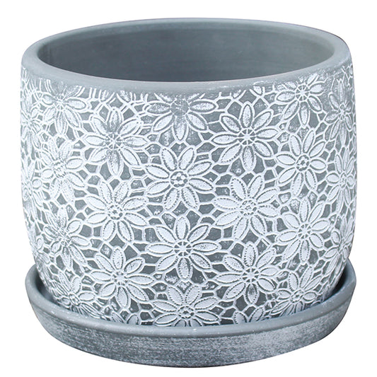 Floral Lace Stamp Planter with Attached Saucer